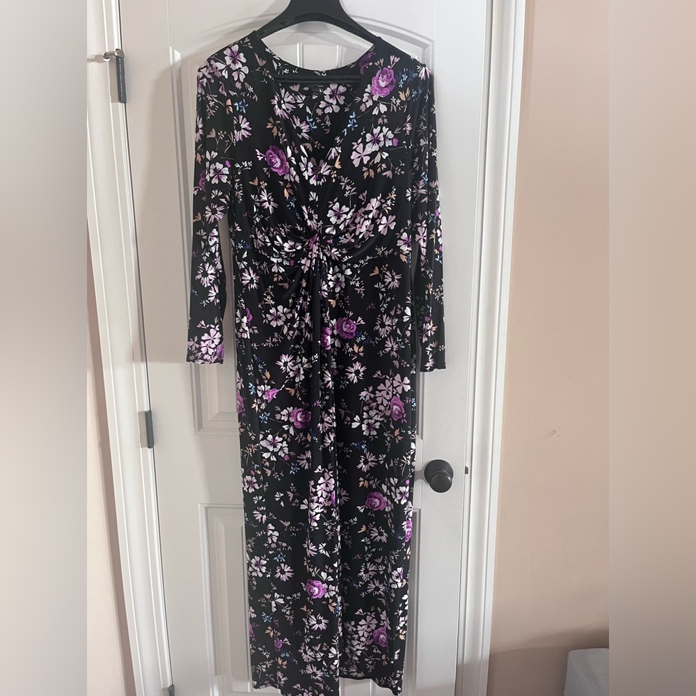 Black maxi faux wrap dress with purple flowers